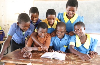 Classmates reading a book